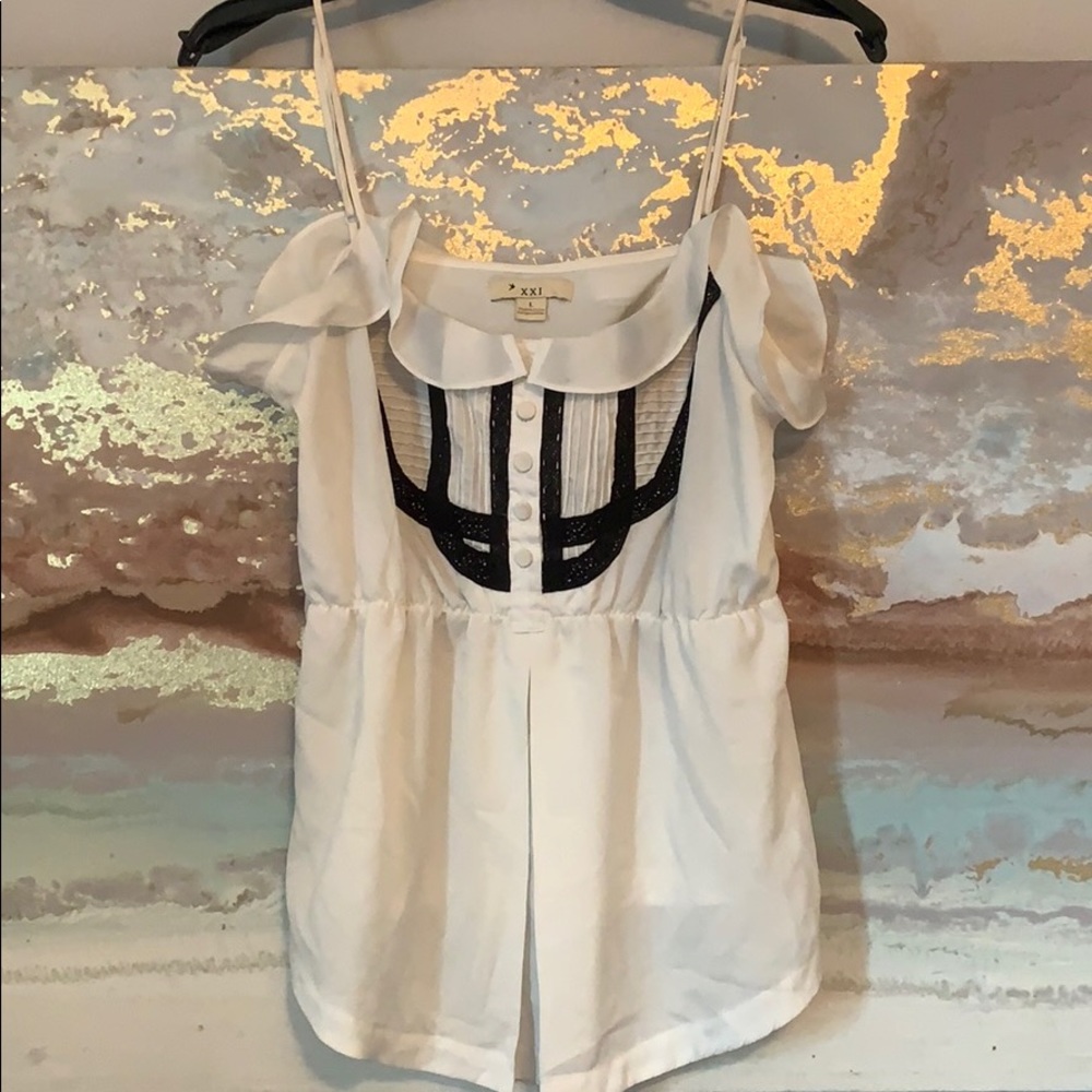 Flirty white tank with black lace & buttons